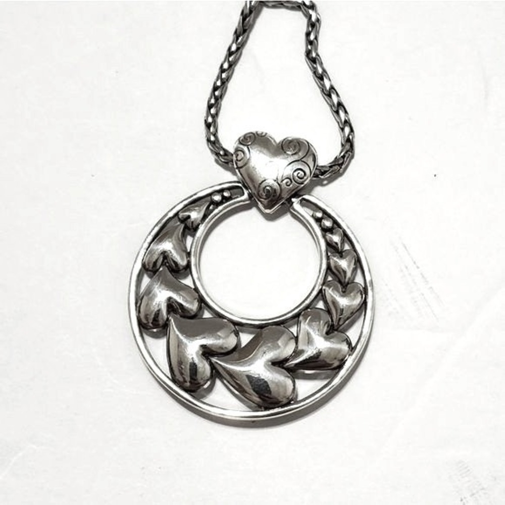Brighton Silver Tone Multi Heart Circle‎ Pendant Wheat Chain Necklace 17-20in